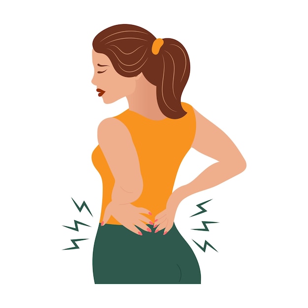 Vector sad young woman with back pain. the concept of health and medicine. illustration, vector