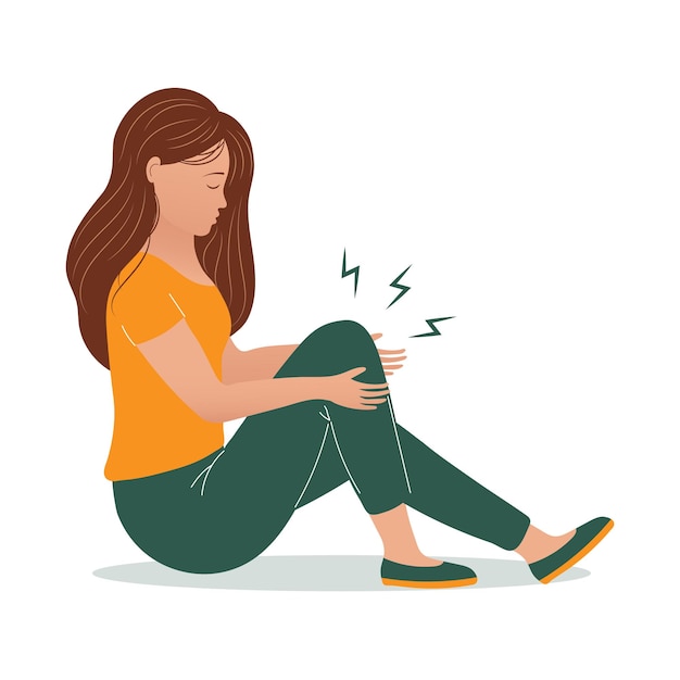 Sad young woman with pain in her knees, legs. the concept of health and medicine. illustration