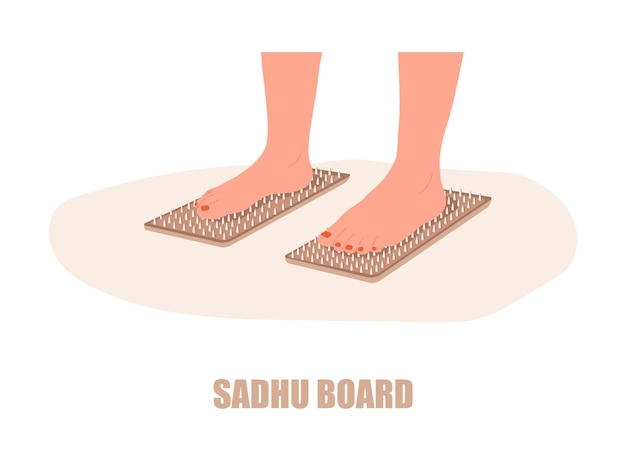 Vector sadhu board. female feet stand on nails.