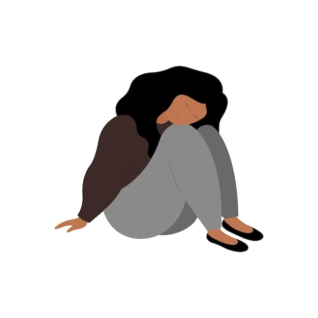 Sadness depression vector illustration flat EPS 10 Upset woman sits on the floor Unhappy girl depressed teenager colored icon Mental health concept Bad mood stress symbol Isolated on white