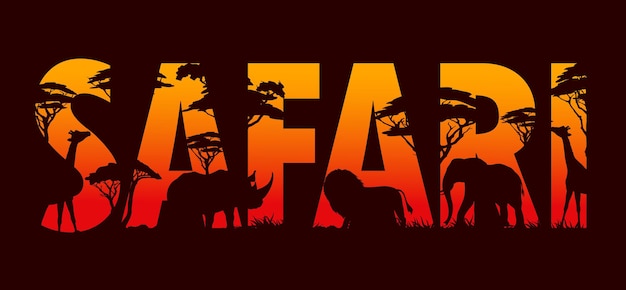 Сафари африканский закат пейзаж с силуэтами животных Векторная двойная экспозиция саванна лев слон жирафы и носорог акация и секвойя деревья трава и кусты сафари охота и путешествия