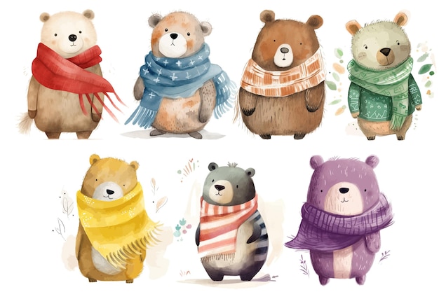 Vector safari animal set bear in green yellow blue red purple striped brown scarf in 3d style isolated vector illustration