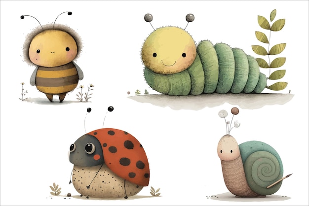 Safari Animal set bee ladybug caterpillar snail in 3d style Isolated vector illustration