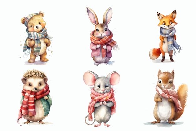 Safari Animal set beer haas vos egel muis en eekhoorn in warme sjaals in 3D-stijl Geïsoleerde vectorillustratie