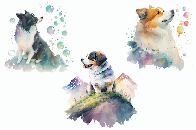 Safari Animal set Bernese Mountain Dog Border Collie Collie dog in watercolor style Isolated vector illustration