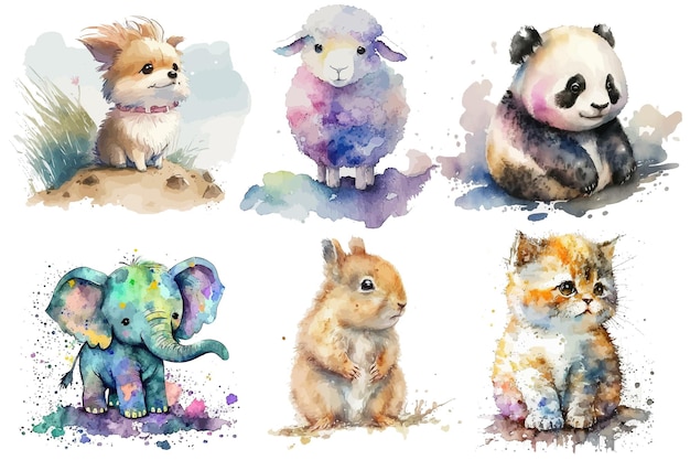 Vector safari animal set cat panda sheep dog squirrel and elephant in watercolor style isolated vector illustration