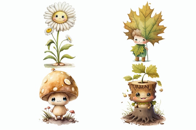 Safari Animal set chamomile oak leaf mushroom and stump in 3d style Isolated vector illustration