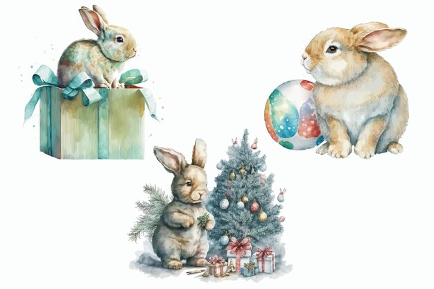 Safari Animal set cute christmas bunnies in watercolor style Isolated vector illustration