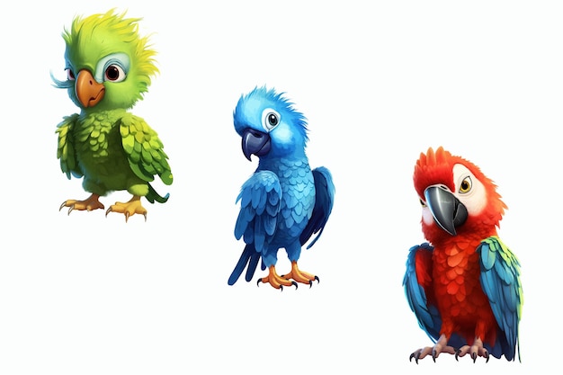 Safari Animal set different color parrot in 3d style Isolated vector illustration