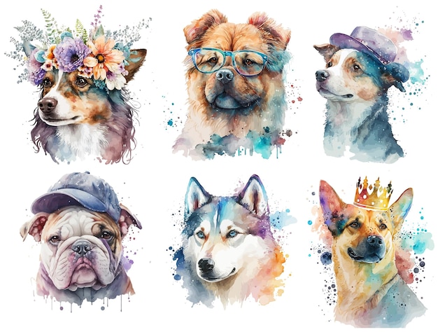 Safari Animal set dogs in hats in watercolor style Isolated vector illustration