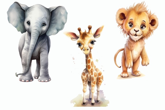 Safari animal set elefante giraffa e leone in stile 3d illustrazione vettoriale isolata