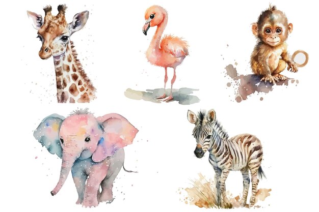 Vector safari animal set elephant giraffe monkey zebra and flamingo in watercolor style isolated vector illustration