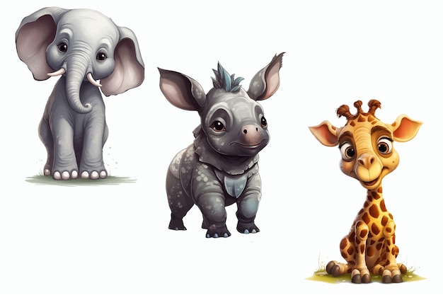 Safari Animal은 코끼리 기린과 코뿔소를 3d 스타일 격리된 벡터 그림으로 설정합니다.