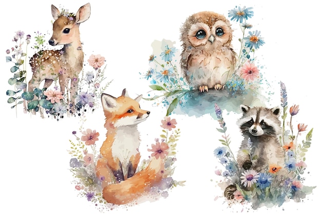 Safari Animal set fox deer raccoon and owl with flowers in watercolor style Isolated vector illustration
