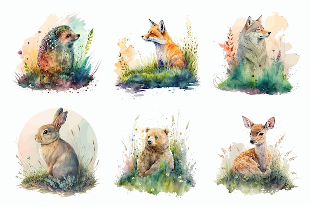 Vector safari animal set fox wolf bear hare deer hedgehog in watercolor style isolated vector illustration