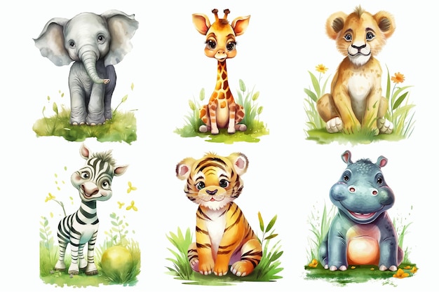 Вектор Сафари набор животных жираф, слон, бегемот, зебра, лев и тигр в траве в 3d стиле изолированная векторная иллюстрация