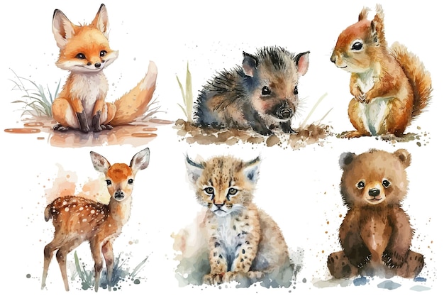 Vector safari animal set herten beer vos lynx wild zwijn eekhoorn in aquarel stijl geïsoleerde vectorillustratie