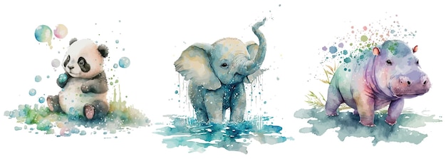 Safari Animal set Hippo Elephant Panda in watercolor style Isolated vector illustration