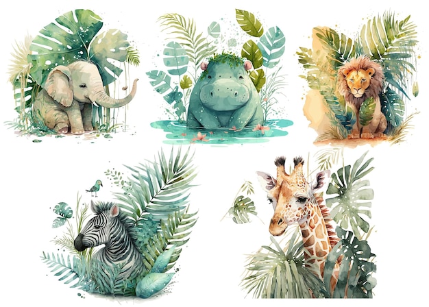 Vettore safari animal set ippopotamo leone giraffa elefante e zebra in stile acquerello illustrazione vettoriale isolata