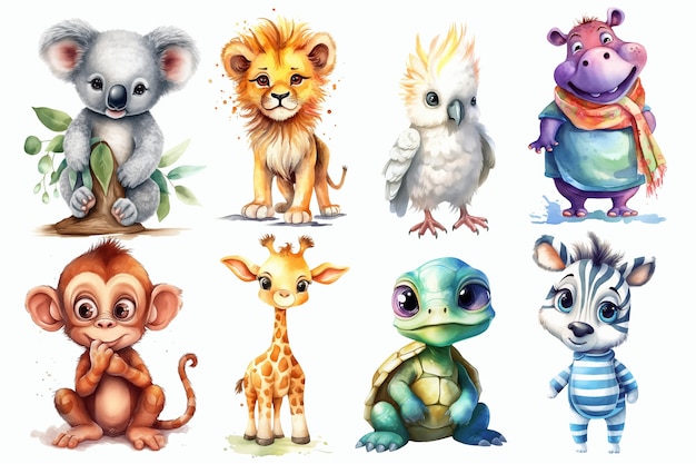 Safari Animal set koala lion parrot hippopotamus monkey giraffe turtle zebra in 3d style Isolated vector illustration