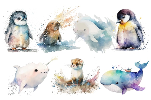 Vector safari animal set koningspinguïn narwal walrus hermelijn beluga walvispinguïn in aquarel stijl geïsoleerde vectorillustratie