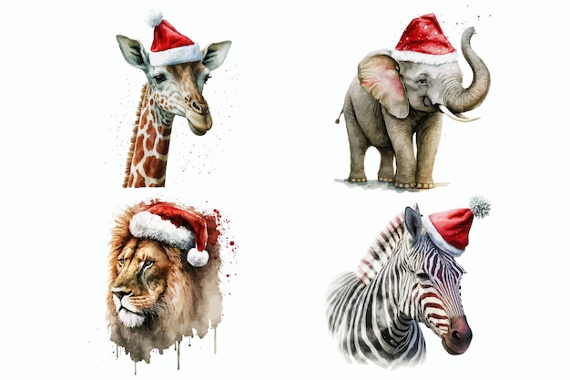 Safari Animal set leeuw giraffe zebra en olifant in aquarel stijl Geïsoleerde vectorillustratie