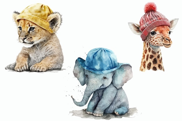 Vector safari animal set lion cub elephant and giraffe in hats in watercolor style isolated vector illustration