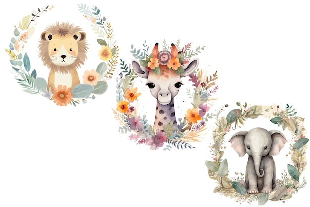 Safari Animal set lion elephant giraffe in a flower wreath in 3d style Isolated vector illustration