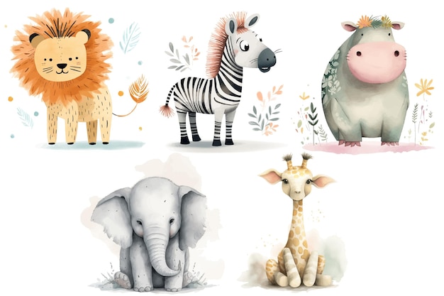 Safari Animal set lion giraffe and elephant zebra hippopotamus in 3d style Isolated vector illustration