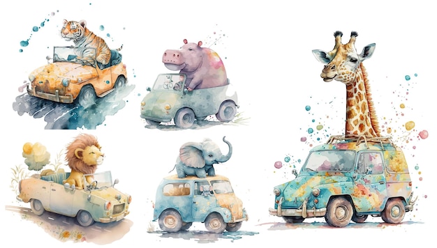 Safari Animal set lion hippopotamus giraffe elephant and tiger in cars in watercolor style Isolated vector illustration