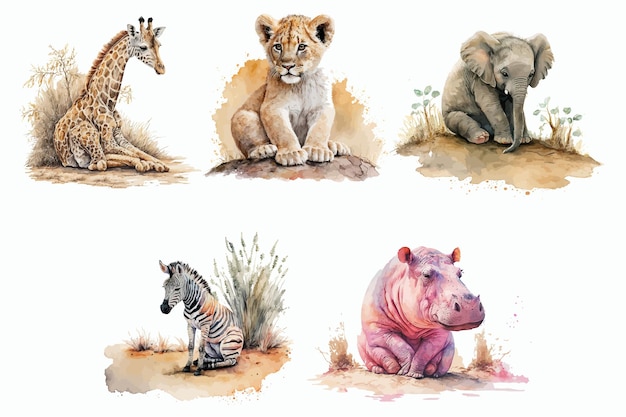 Safari Animal set lion hippopotamus giraffe elephant zebra in watercolor style Isolated vector illustration