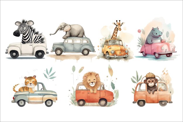 Safari Animal set lion hippopotamus tiger zebra giraffe elephant monkey by car in 3d style Isolated vector illustration