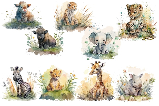 Safari Animal set lion leopard elephant giraffe cheetah zebra bull buffalo rhino sitting on the lawn in watercolor style Isolated vector illustration