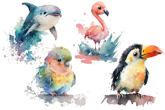 Safari Animal set mako papegaai toekan flamingo in aquarel stijl Geïsoleerde vectorillustratie