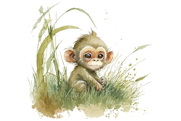 Safari Animal set monkey in the grass in watercolor style Isolated vector illustration