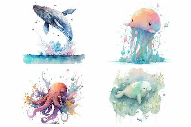 Safari Animal set Octopus jellyfish manatee humpback whale in watercolor style Isolated vector illustration