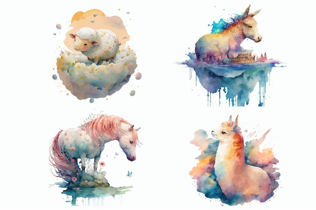 Safari Animal set Paard lama schapen ezel in aquarel stijl Geïsoleerde vectorillustratie