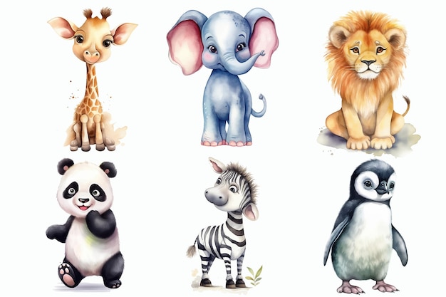 Safari Animal set panda giraffe elephant lion penguin zebra in 3d style Isolated vector illustration