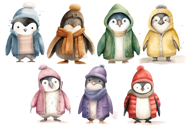 Safari Animal set penguin in a red green blue yellow purple pink brown hat and jacket in 3d style Isolated vector illustration