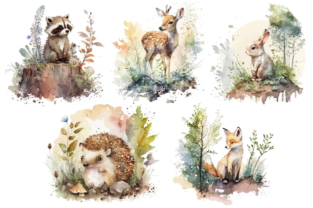 Vettore set di animali safari coniglio volpe procione cervo riccio nella foresta in stile acquerello illustrazione vettoriale isolata