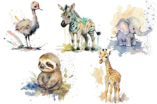 Vector safari animal set sloth giraffe elephant crane zebra in watercolor style isolated vector illustration