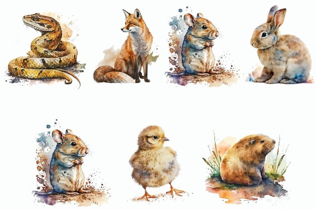 Safari Animal set snake fox mouse hare chicken and mole in watercolor style Isolated vector illustration