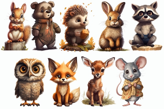 Сафари Набор животных белка, медведь, ежик, заяц, енот, сова, лиса, олень и мышь в 3d стиле Изолированная векторная иллюстрация