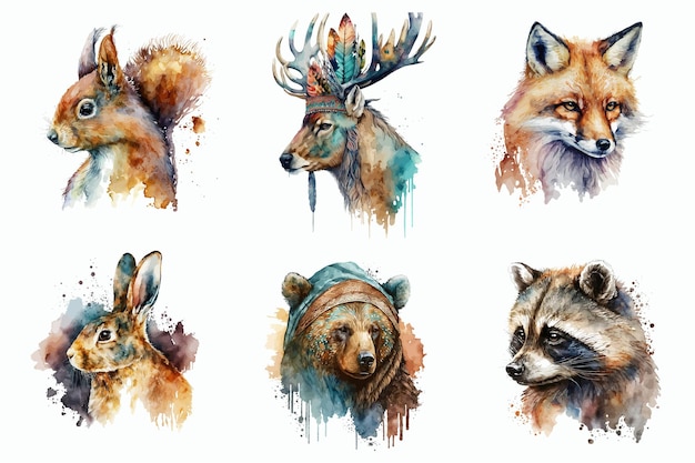 Safari Animal set squirrel deer fox bear raccoon and hare in watercolor style Isolated vector illustration