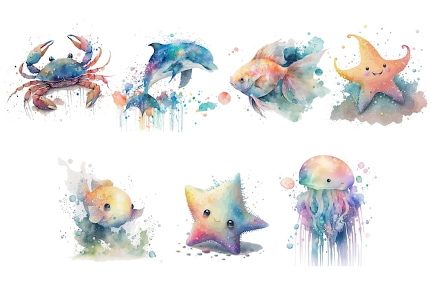 Safari set di animali stella marina granchio delfino meduse pesce in stile acquerello illustrazione vettoriale isolata