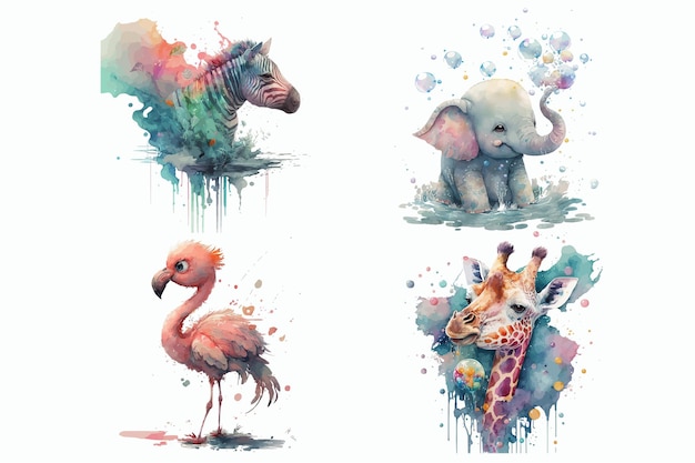 Safari Animal set Zebra flamingo elephant giraffe in watercolor style Isolated vector illustration