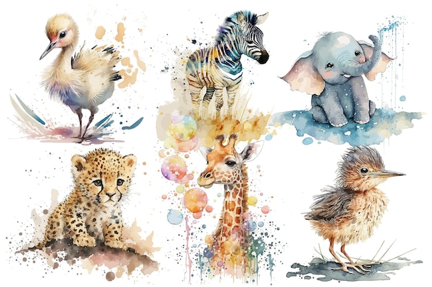 Vector safari animal set zebra giraffe luipaard japanse kraan olifant reiger in aquarel stijl geïsoleerde vectorillustratie