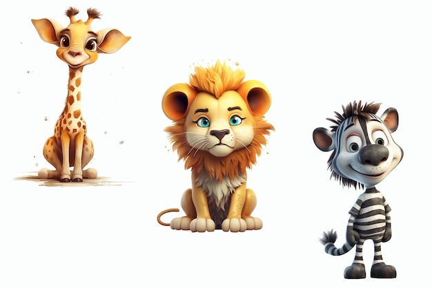 Safari animal set zebra lion жираф в 3d стиле изолированная векторная иллюстрация