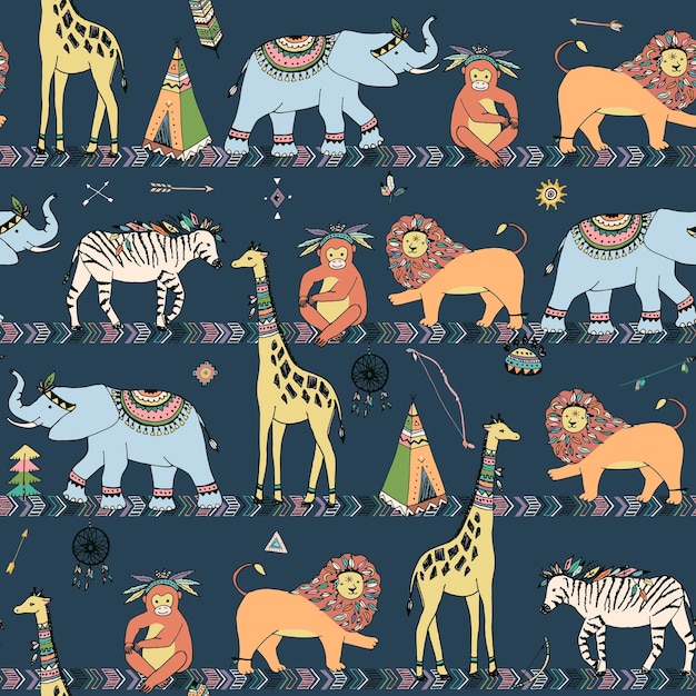 Safari animals tribal vector seamless pattern