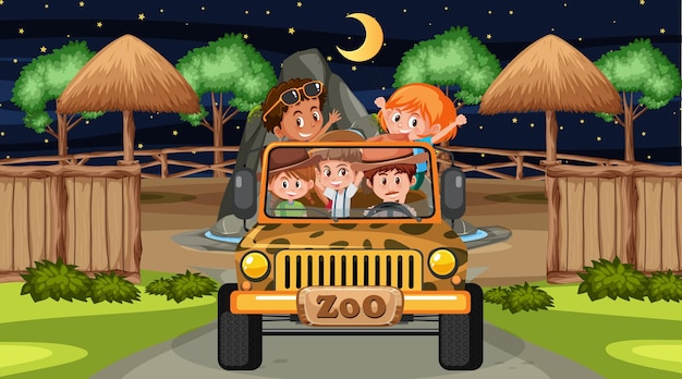 Сафари в ночное время со многими детьми в машине-джипе